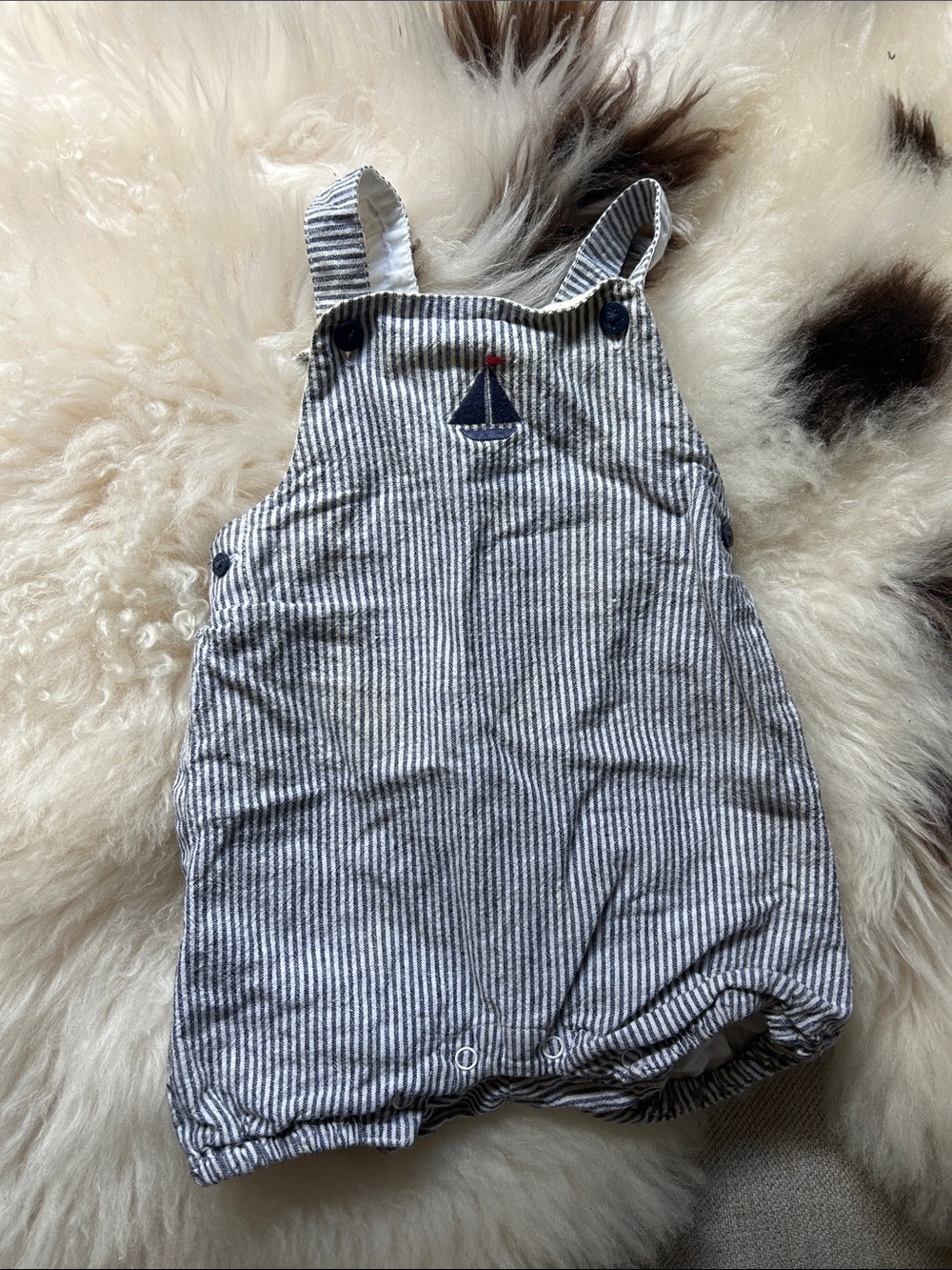 Janie and Jack Navy & White Striped Overalls with Sailboat